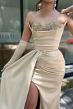 Champagne Sweetheart Prom Dress with Sleeves and High Slit BM bride