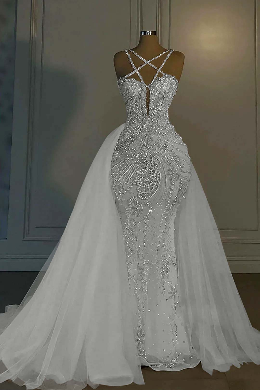 Halter Sleeveless Mermaid Long Prom Dress With Beading Tulle