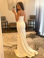 Elegant White Strapless V Neck Long Prom Dress with Slit BM bride