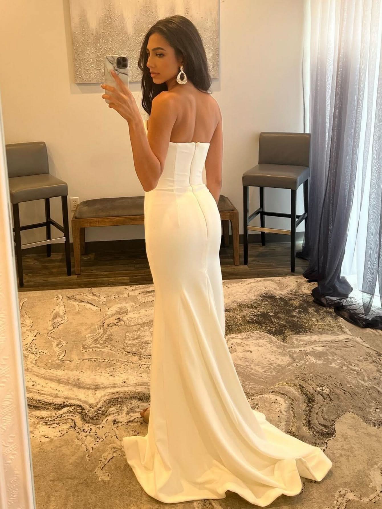 Elegant White Strapless V Neck Long Prom Dress with Slit BM bride