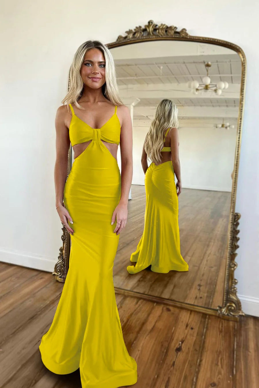 Red Waistless Sleeveless Tight Fitting Spaghetti Strap Mermaid Prom Dress BMBRIDE