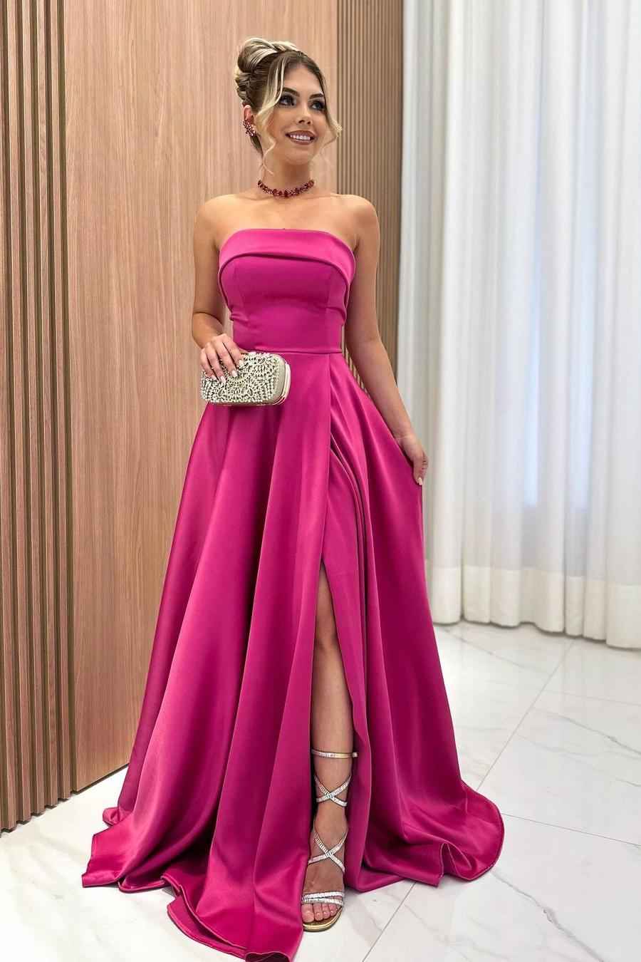 Chic Strapless Sleeveless A Line Long Prom Dress With Front Split