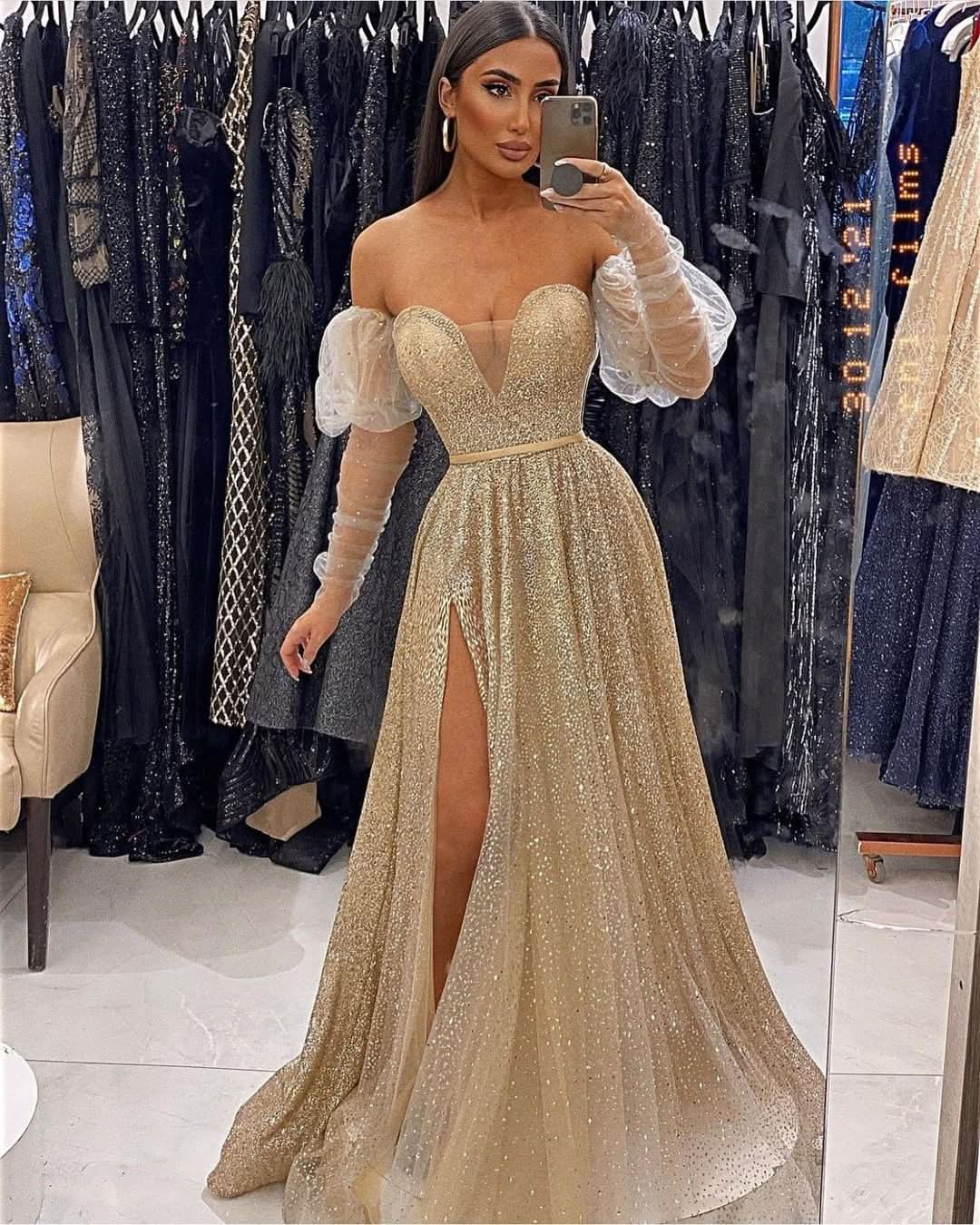 Champagne V-Neck Sequins Evening Prom Dress with Front Split and Long Sleeves BM bride