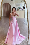 Pink Spaghetti Strap Sleeveless A Line Long Prom Dress With Beading