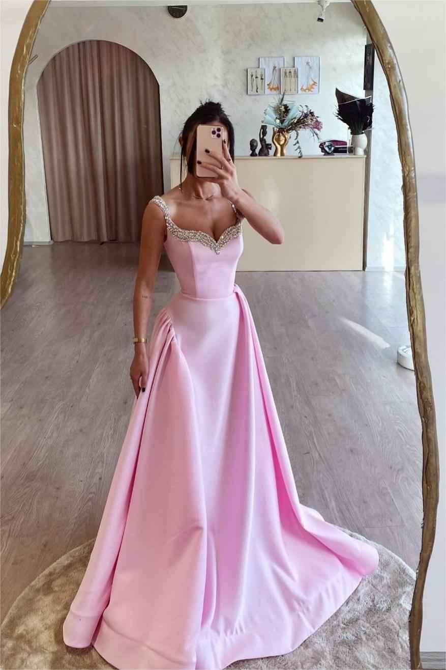 Pink Spaghetti Strap Sleeveless A Line Long Prom Dress With Beading
