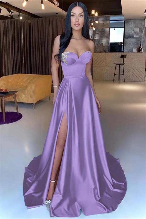 Sweetheart Yellow Strapless Mermaid Beadings Long Prom Dress With Split BMBRIDE