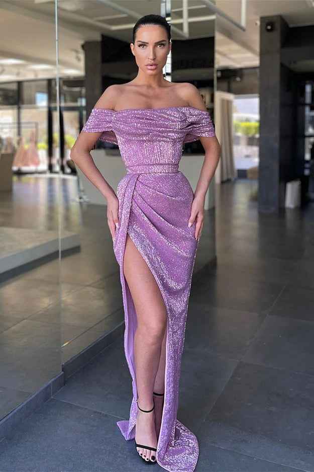 Lilac Off the Shoulder Strapless Prom Dress Mermaid High Split With Sequins