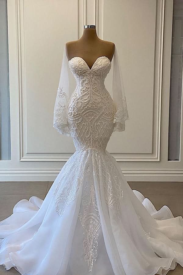 Mermaid Sweetheart Strapless Pearls Beadings Lace Wedding Dress with Elegance BM bride
