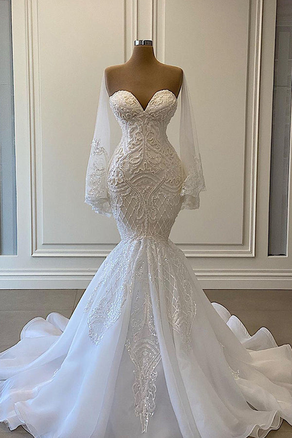 Mermaid Sweetheart Strapless Pearls Beadings Lace Wedding Dress with Elegance BM bride