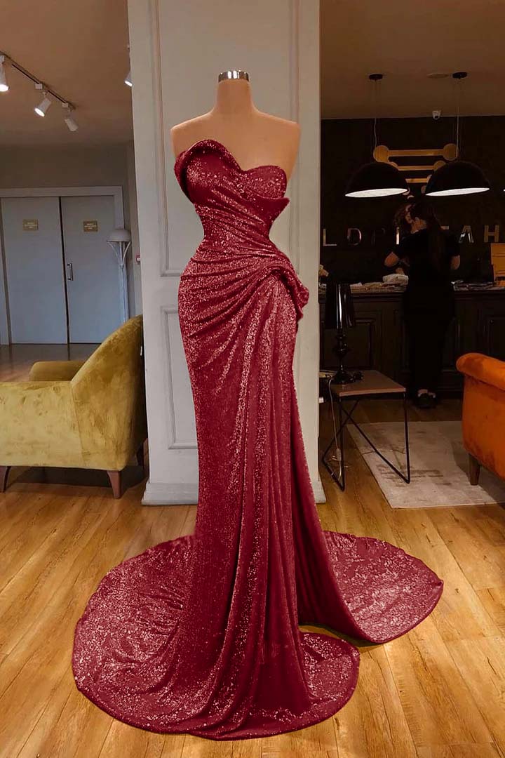 Strapless Sweetheart Sleeveless Long Mermaid Prom Dress Red With Sequins BMBRIDE