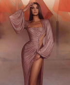 Pink Long Sleeves Mermaid Prom Dress with Slit BM bride