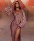 Pink Long Sleeve Mermaid Evening Dress with Slit BM bride