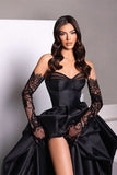 Black Sweetheart Taffeta Slit Prom Dress with Long Lace Gloves BM bride