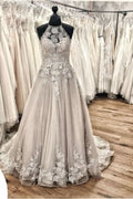 Halter Backless A-Line Wedding Dress with Lace Appliques, Train, and Tulle Ruffles BM bride