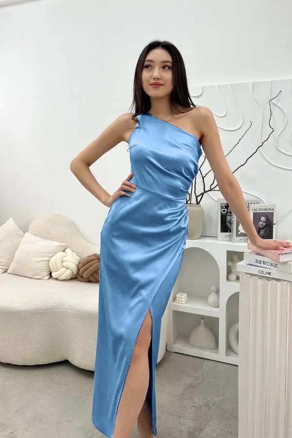 Chic Sleeveless One Shoulder Long Prom Dress With Pleated Split BMBRIDE