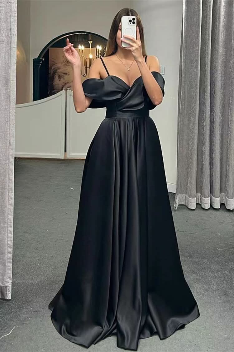 Spaghetti-Straps Off-the-Shoulder A-Line Lace-Up Back Long Evening Dress BM bride
