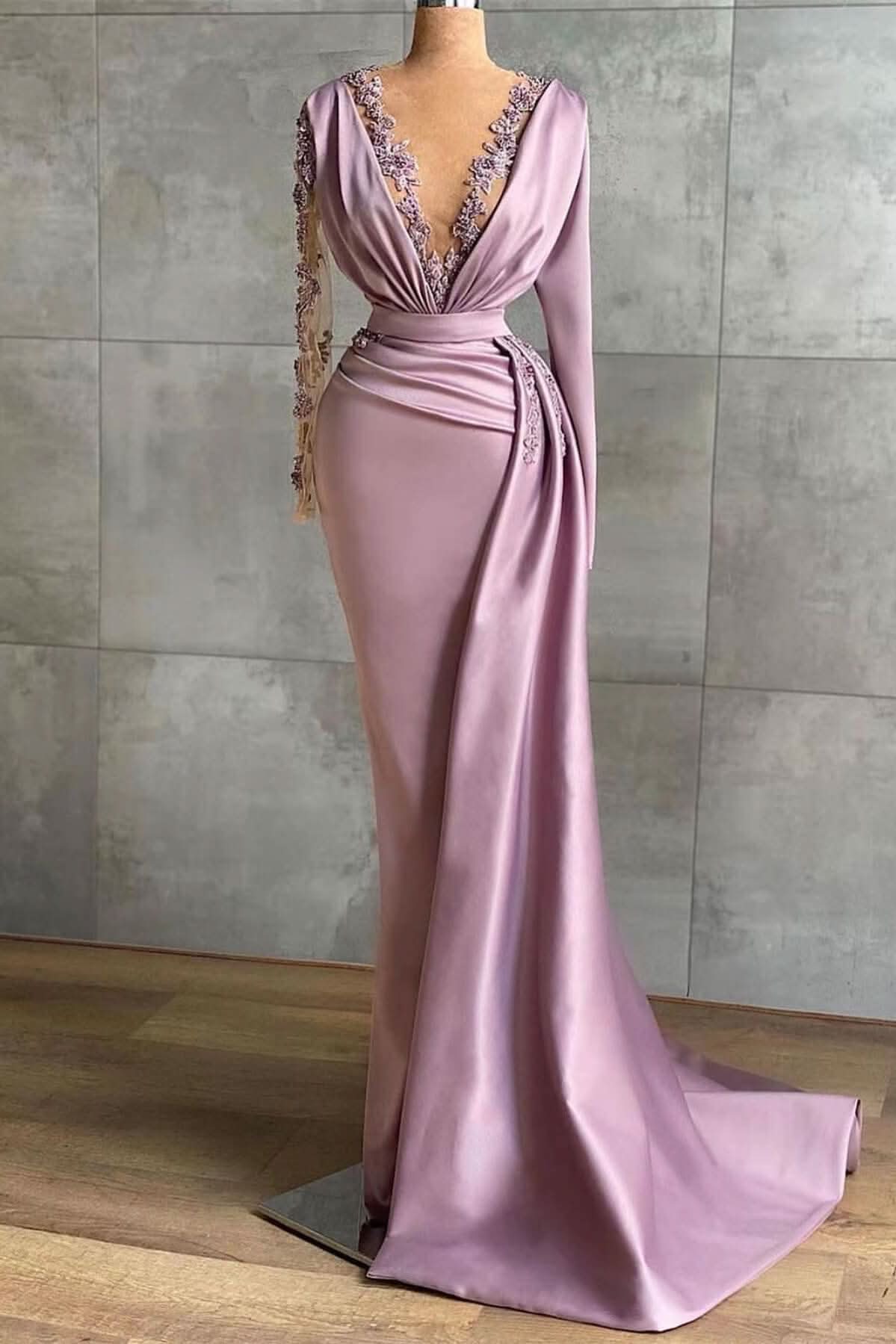 Long Sleeves Lavender V-Neck Prom Dress with Ruffles and Applique Mermaid BM bride