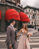 Boho Long A-Line V-Neck Tulle Lace Wedding Dress with Slit and Appliques BM bride