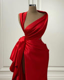 Elegant Red Charmeuse Long Prom Dress with High Slit BM bride