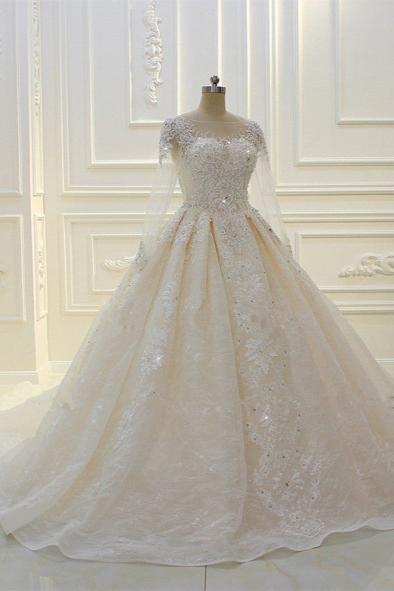 Bateau Long Sleeve Beaded Ball Gown Wedding Dress with Lace Appliques BM bride