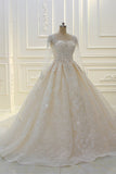 Bateau Long Sleeve Beaded Ball Gown Wedding Dress with Lace Appliques BM bride