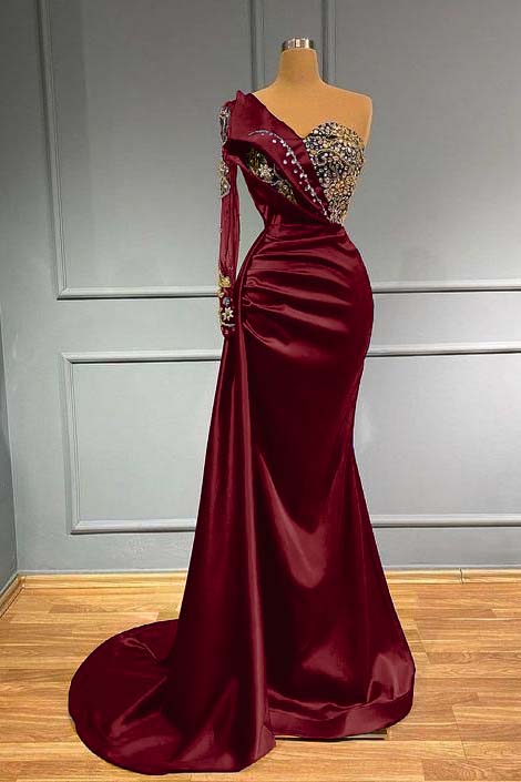 Dark Blue Long Sleeve One Shoulder Pleated Mermaid Prom Dress With Beadings BMBRIDE