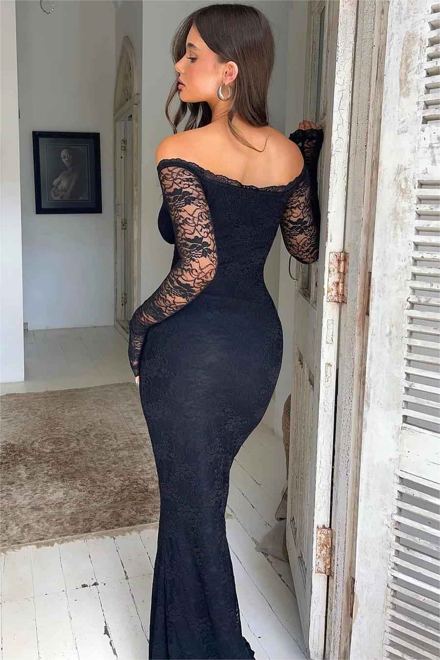 Chic Black Lace Off the Shoulder Long Sleeves Deep V Neck Long Prom Dress