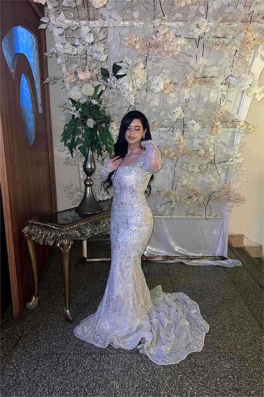 Charming Square Long Sleeves Mermaid Long Prom Dress With Bead Embroidery