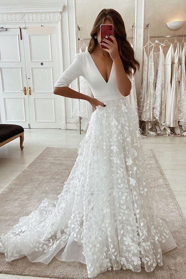 V-neck Lace A-line Side Split 3/4 Sleeve Wedding Dress with Fashionable Flair BM bride