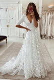 V-neck Lace A-line Side Split 3/4 Sleeve Wedding Dress with Fashionable Flair BM bride