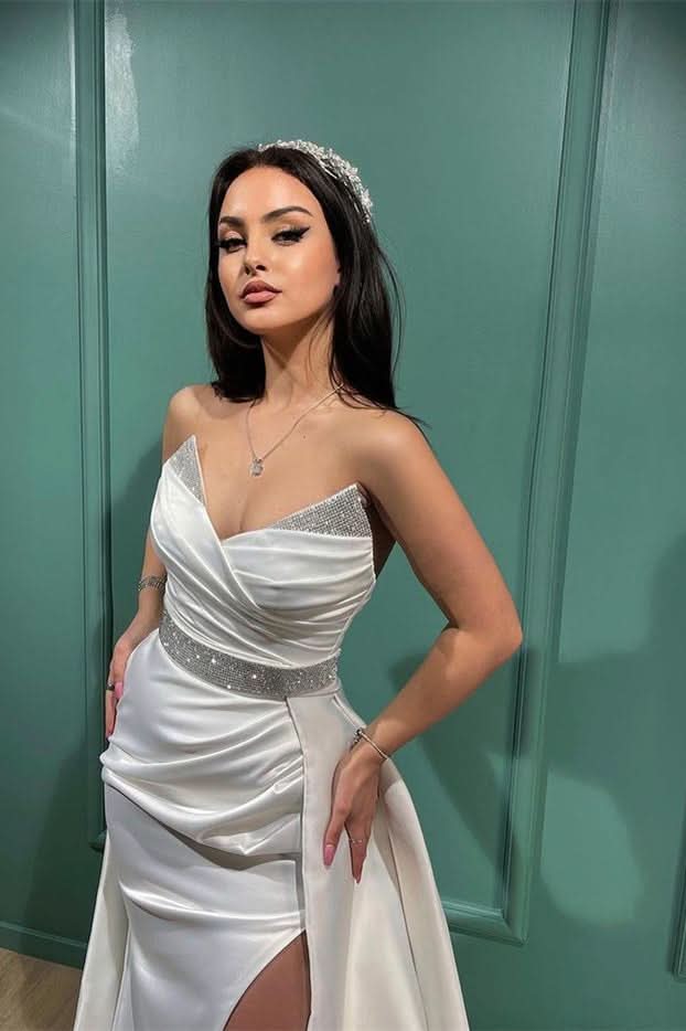 White Spaghetti-Straps V-Neck Split Mermaid Evening Dress with Sequins BM bride