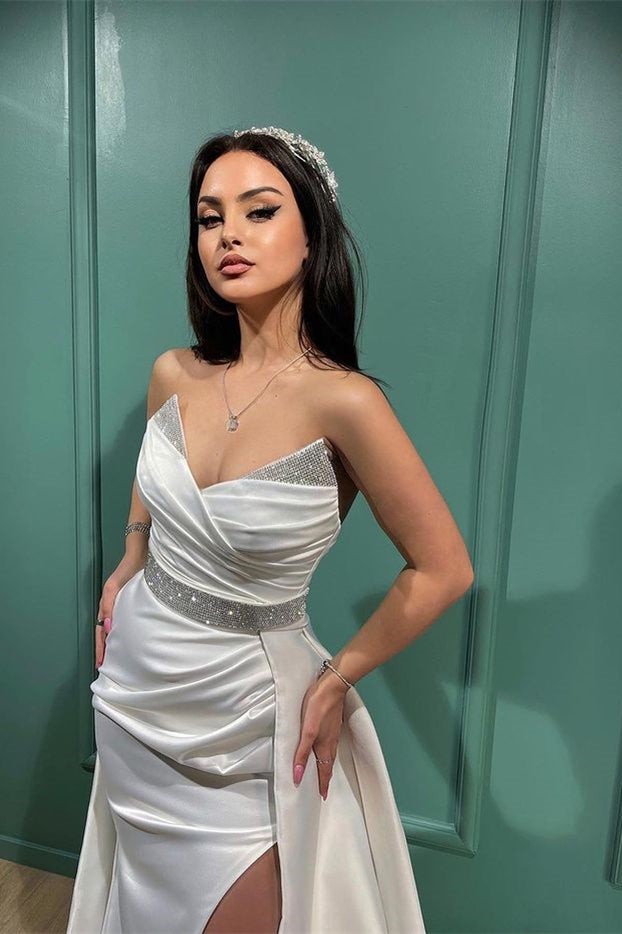 Strapless V Neck White Split Mermaid Prom Dress With Sequins BMBRIDE
