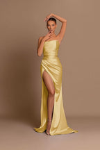 Elegant Light Blue Off-The-Shoulder Evening Dress with Pleated Slit Ball Gown BM bride