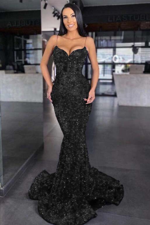 Sweetheart Royal Blue Spaghetti Strap Mermaid Long Prom Dress With Sequins BMBRIDE