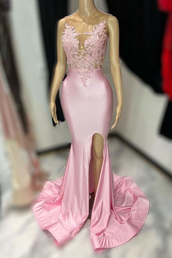 Pink Sleeveless Tulle Mermaid Prom Dress with Appliques and Slit BM bride