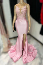 Pink Sleeveless Tulle Mermaid Prom Dress with Appliques and Slit BM bride