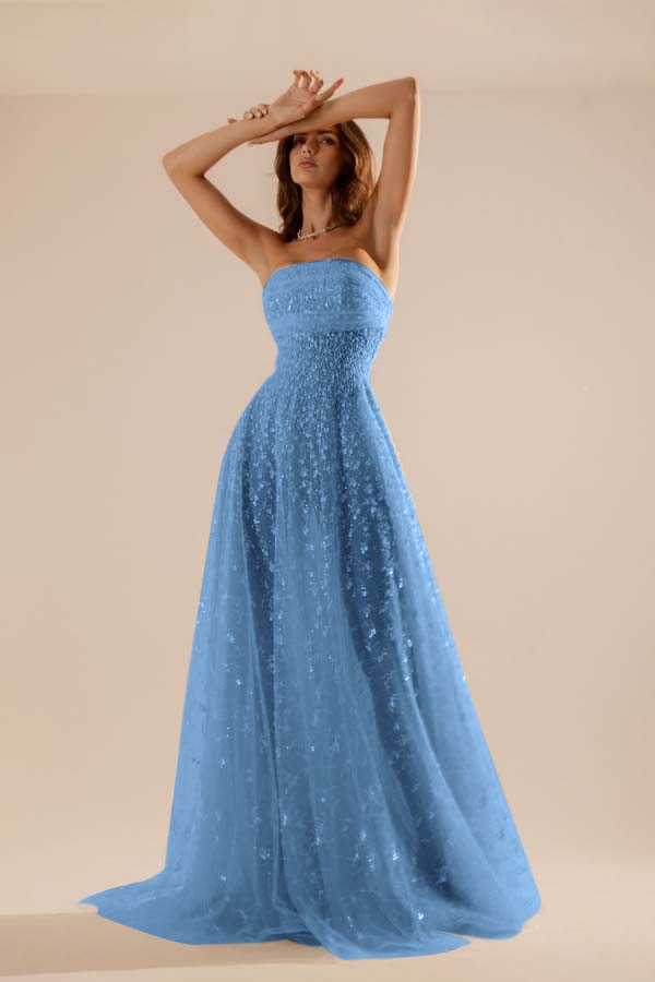 Charming Tulle Strapless Sleeveless Long Prom Dress With Beading