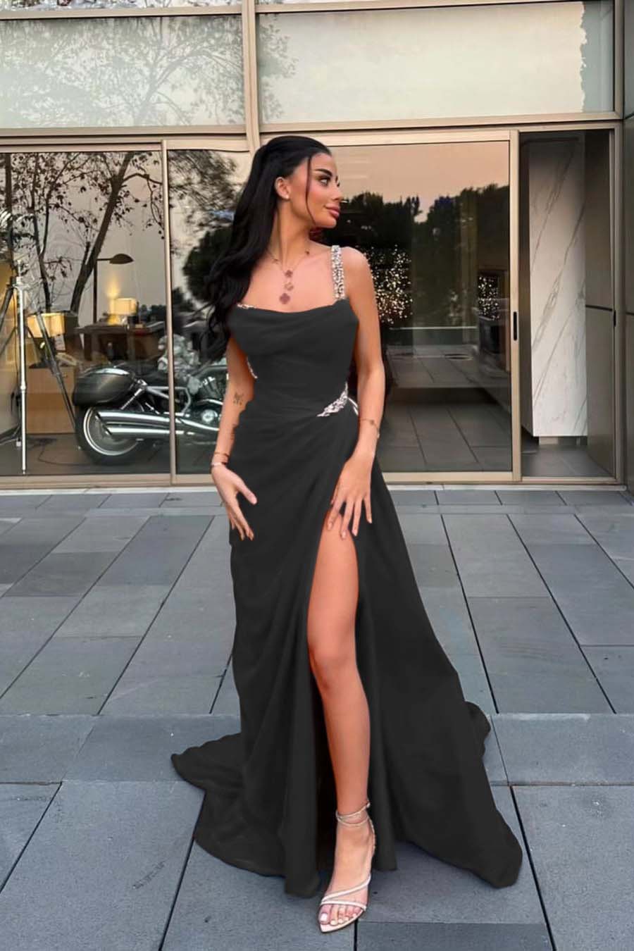 Spaghetti Strap Sleeveless Long Prom Dress With Split Beading BMBRIDE