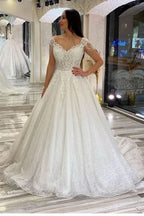 A-Line Wedding Dress Sweetheart Backless With Train Sequins Appliques Lace BM bride