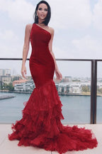 One Shoulder Burgundy Mermaid Prom Dress BM bride