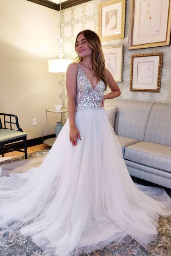 A-Line Sleeveless V-Neck Tulle Wedding Dress with Open Back BM bride