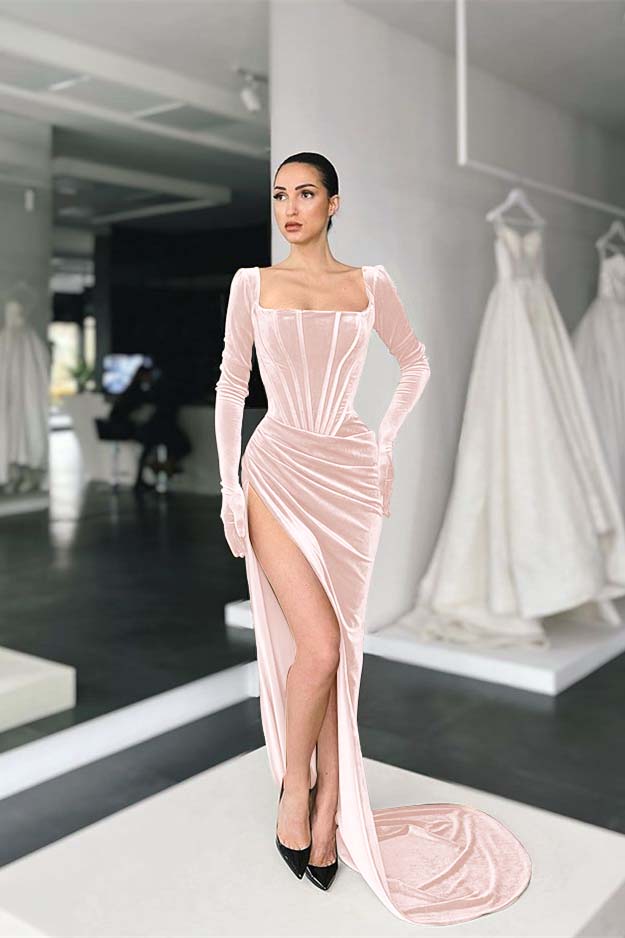 Stunning Square Neck Long Sleeves Pleated Long Prom Dress With Side Split BMBRIDE