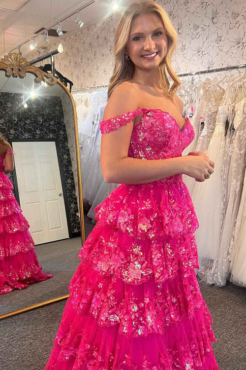 Fuchsia Princess Off the Shoulder Long Tiered Corset Prom Dress with Sequins