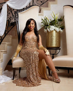The Golden Goddess - 2026 All-Over Sequin Mermaid Gown: Champagne Gold Sparkle with Satin Gloves & High Slit
