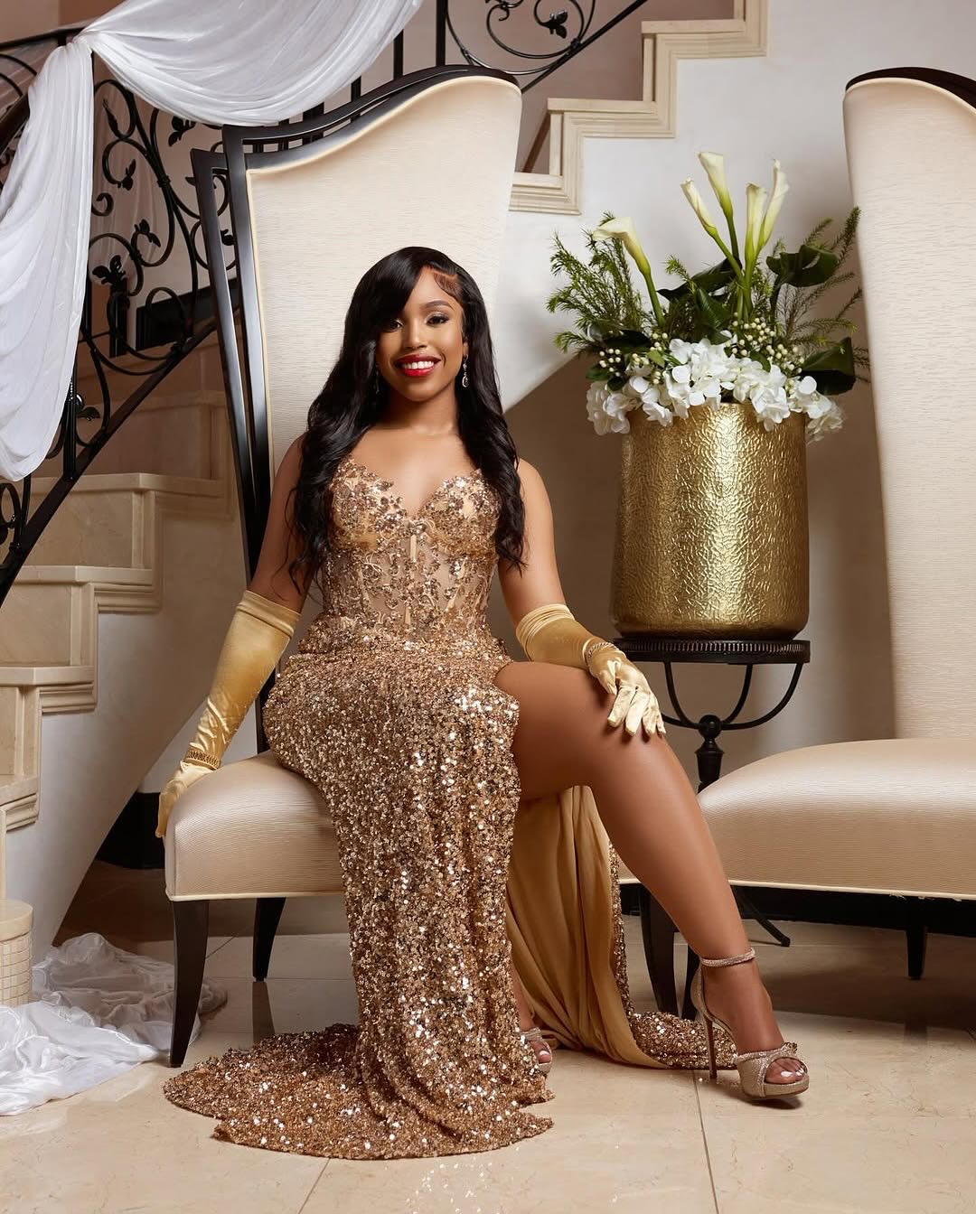 The Golden Goddess - 2026 All-Over Sequin Mermaid Gown: Champagne Gold Sparkle with Satin Gloves & High Slit