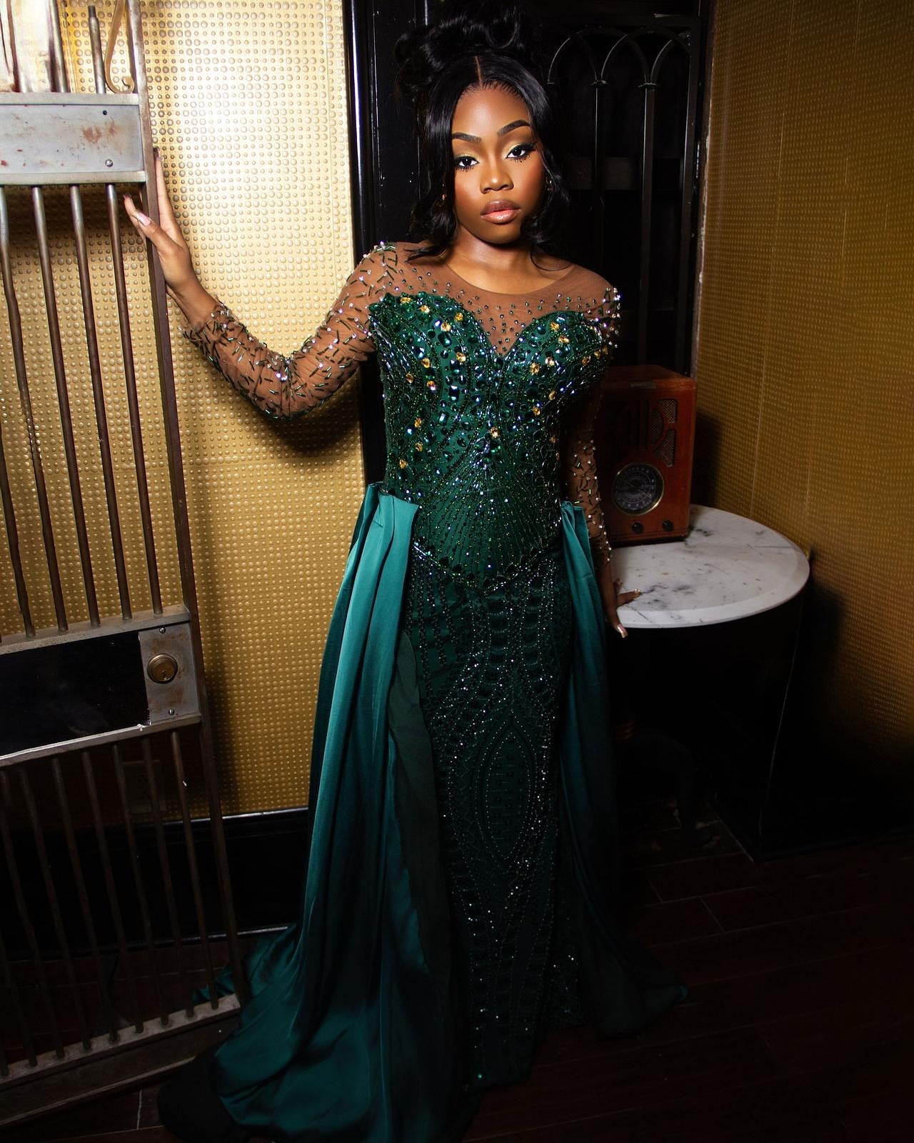The Emerald Empress - 2026 Illusion Sleeve Beaded Mermaid Gown: Crystal-Embellished Long Sleeves with Satin Overskirt Train