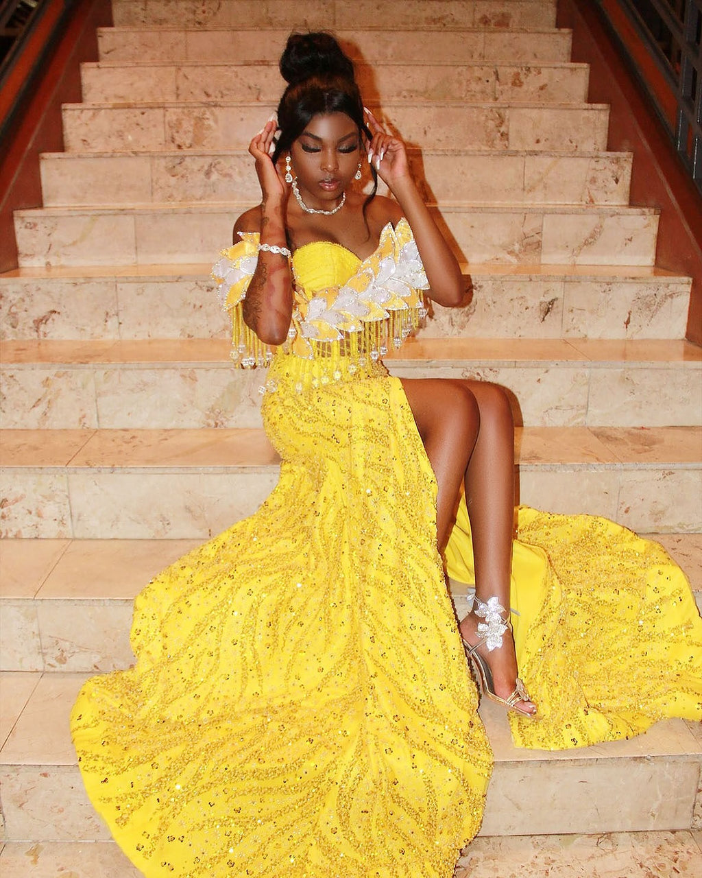 The Golden Sunflower - 2026 Off-Shoulder Lace Mermaid Gown: White Floral Appliqués with Crystal Fringe & Yellow Lace Train
