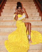The Golden Sunflower - 2026 Off-Shoulder Lace Mermaid Gown: White Floral Appliqués with Crystal Fringe & Yellow Lace Train