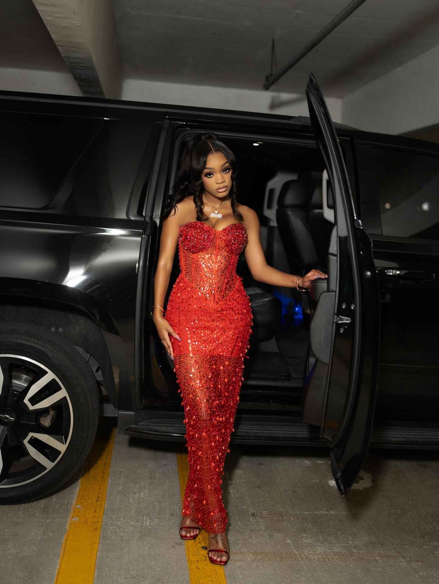 Red Fringe Fire - Sequined Mermaid Prom Dress with Tassel Hem