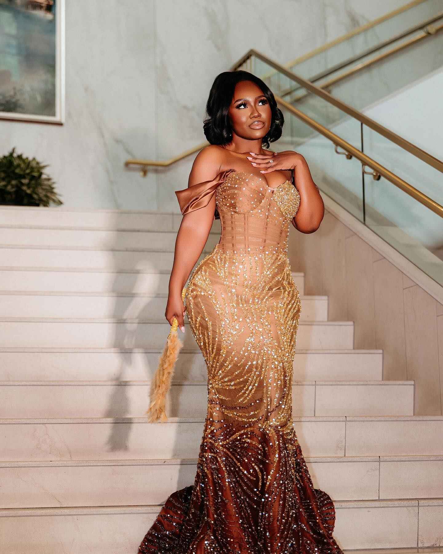 Golden Sunset - Ombre Beaded Mermaid Prom Dress with Feather Trim